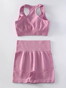 Workout Sets Women 2 Piece Solid Racerback Sports Bra & High Waist Shorts Set Breathable <b>Mesh</b> Ribbed Yoga Workout Seamless Pink - Product Image 2