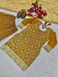 Nouvelle tenue de fête traditionnelle pour femmes, Salwar Kameez, en soie Chinnon lourde, avec un haut à paillettes de 5 mm, Sharara Plazzo - Product Image 5