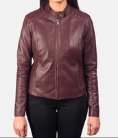 Veste d'hiver en cuir véritable rouge bordeaux pour femme, coupe ajustée, style motard, col montant, fermeture éclair sur le devant, logo personnalisé, longueur standard