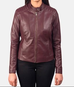 Wine <b>Red</b> Genuine <b>Leather</b> Winter <b>Jacket</b> for <b>Women</b> Slim Fit Biker Outerwear Stand Collar Zipper Front Custom Logo Regular Length - Product Image 2