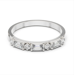 แหวนทองคำสีขาวหรูหราทันสมัยที่ผสมผสานระหว่างบาแกตต์และเพชรกลมในการออกแบบชุดช่องจากอินเดีย - Product Image 1