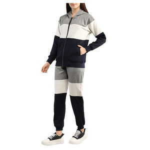 Chándal deportivo personalizado para mujer, conjunto de 2 piezas con camiseta y Sudadera con capucha de poliéster y algodón liso estilo panel lateral para invierno - Product Image 3