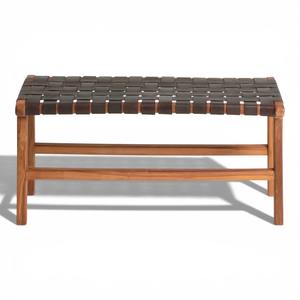 Banco de Jardín de Madera de Teca Ecológico Hecho a Mano, Asiento con Correa de Cuero Tejido, Muebles de Exterior para Patio, Balcón, Villa o Resort - Product Image 1