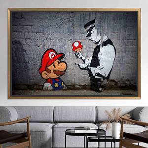 Toile imprimée : Décoration Graffiti Banksy Super Mario & Policeman, TOILE ENCADRÉE DORÉE - Product Image 1