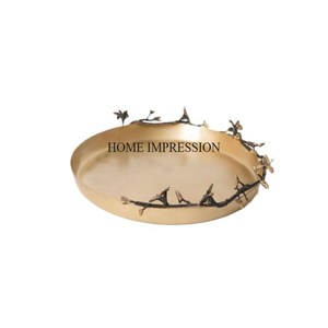 Juego de 2 interiores con acabado de esmalte de color verde con textura martillada chapada en oro Bandeja de servicio de aspecto único de forma redonda exterior - Product Image 6