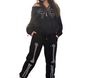 Rhinestone Print Tracksuit Sweat Suits Sweatpants and Hoodie Set Acid Wash Leg <b>Pants</b> <b>Cropped</b> Sweat suit Set Women - Product Image 1