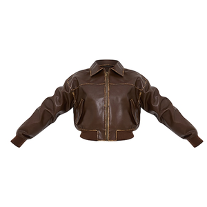 แจ็คเก็ตบอมเบอร์หนังเทียมสีน้ำตาลแบบกันน้ำ รุ่นเรกูลาร์ ยูนิเซ็กส์ สตรีทแวร์ ซิปหน้า แขนเสื้อและชายเสื้อแบบริบ พรีเมียม - Product Image 1