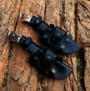 Couteau de chasse à lame fixe de haute qualité Premium Survival Gut hook avec corne naturelle Couteaux à dépecer pour le camping avec étui en cuir - Product Image 4