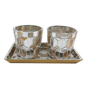 Iron Rectangle Tray With Two Votive Brass and <b>Green</b> Texture Mosaic Decorative Tray With <b>Candle</b> Holder Tabletop Decor - Product Image 4