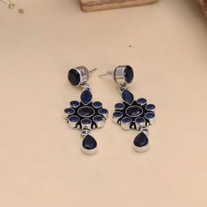 Stylish Oxidized <b>Silver</b> Finish Brass <b>Earrings</b> with Royal Blue Floral Stone Design Elegant Dangler Jewelry - Product Image 2