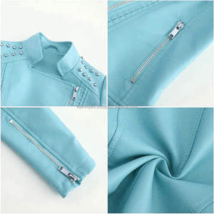 แจ็กเก็ตหนังสีฟ้าอ่อนสำหรับผู้หญิงเข้ารูปแบบโมโตสูทติดหมุดไหล่แบบอสมมาตรมีซิปกระเป๋า - Product Image 5