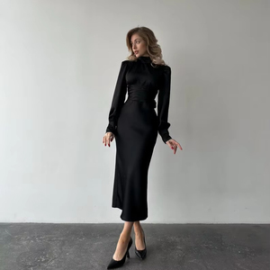 Lụa đen mở lại Midi Dress với giám mục tay Áo cao cổ phong cách ngọt ngào vòng eo tự nhiên thân thiện với môi trang trí ren - Product Image 1