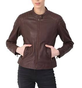 แจ็คเก็ตหนังแกะสีน้ำตาลเข้มสำหรับผู้หญิง ระบายอากาศได้ดี แบบเย็บติดกัน มีซิป ทรงนักแข่ง บุด้วยผ้าฝ้าย - Product Image 1