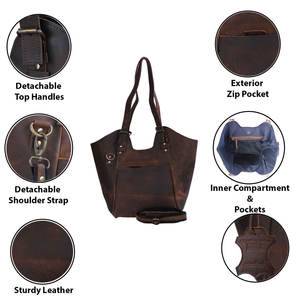 Sac à main fourre-tout en cuir véritable marron pour femmes de tous les jours en forme de tonneau avec fermeture à glissière léger Durable deux sangles - Product Image 3