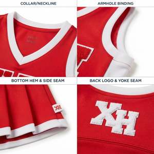 Ensemble d'uniforme de cheerleading personnalisé haut de gamme pour jeunes, avec haut à col en V, jupe plissée et culotte intégrée, en sergé rouge et blanc, OEM - Product Image 4