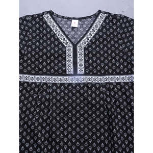 Peignoir de nuit pour femme 100% coton tissé à manches courtes, avec poche latérale, motif imprimé, taille élastique et cordon de serrage, doux - Product Image 1