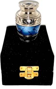 Classic Small Mini Cremation <b>Keepsake</b> Urn for Human Ashes with <b>Box</b> and Velvet <b>Box</b> - 2.6 inch - Blue Fire Design Made of Brass - Product Image 3