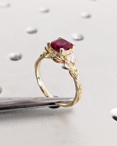 Nature inspiré feuilles Motif personnalisé fiançailles anneaux de mariage coussin coupe laboratoire cultivé rubis 18K or pur rustique promesse anneaux OEM - Product Image 3