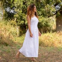 Kolsuz keten Maxi elbise organik Cinched bel yaz elbisesi cepler ile hafif rahat uzun elbise