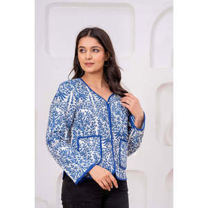 Blue Quilted <b>Jacket</b> Printed Design Autumn/Winter Leather Windbreaker for Ladies Custom Logo Short Length Polyester <b>Sequins</b> - Product Image 1