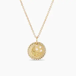 925 Sterling Silver Dainty 18k Gold Plated Pave Yellow Sapphire Diamond Moon And Stars Necklace