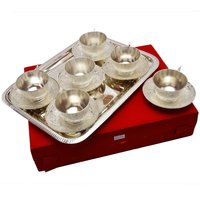 Théière plaquée argent aspect antique avec 6 tasses et 1 plateau Vaisselle sans fin Article décoratif Diwali Cadeau Article à vendre