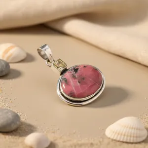 Pendentif en or 14 carats avec rhodochrosite et citrine, perle d'eau douce en argent 925, zircon, design géométrique tendance, plaqué rhodium pour femmes - Product Image 2