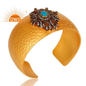 Dernière conception faite à la main 24K plaqué or Turquoise et zircon cubique Bracelet de manchette de pierres précieuses Demi fabricant de bijoux fins - Product Image 2