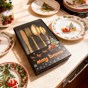 Set di Posate Usa e Getta Dorate Natalizie con Incisioni, Design Elegante con Coltello, Forchetta e Cucchiaio, Omaggi per le Festività - Product Image 1