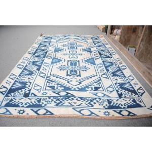 Alfombra turca Vintage Bohemia azul Beige 4,1X6,5 pies área grande Patchwork rectángulo abstracto diseño de pasillo alfombra de habitación de látex de lana - Product Image 4