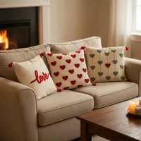 Offre Spéciale Saint-Valentin : Ensemble de 3 Housses de Coussin en Tissu de Coton Brodé avec Fermeture Éclair Discrète, 43x43 cm, Motif Cœur Rouge Amour