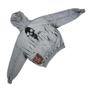 Logo personnalisé délavé à l'acide vintage sweat à capuche avec fermeture éclair lettre en détresse broderie appliques couture sweat à capuche pour hommes - Product Image 6