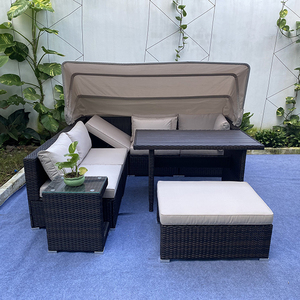 Modern Outdoor <b>Rattan</b> <b>Sofa</b> Set With Canopy Waterproof Cushion Garden Furniture Contemporary Design Gray Color - Product Image 5