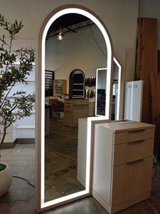 Modern Wood Hair Salon Styling Station <b>with</b> Arch LED Lighted <b>Mirror</b> and <b>Drawer</b> Cabinet for Barbershop - Product Image 4