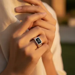 "<b>Men's</b> Rhodium-Plated 925 Silver Black <b>Onyx</b> <b>Signet</b> <b>Ring</b> with Bezel Setting" - Product Image 2