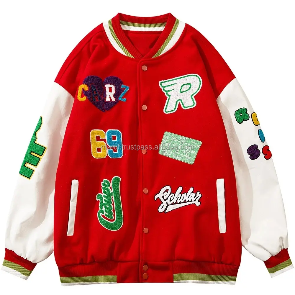 Custom Chenille Patch Embroidery Warm Clothing Bright Red Casual 100% Wool Body Varsity Jacket