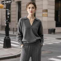 Pull en laine gris uni pour femme, col polo, col en V, épaules tombantes, manches longues, doux et ample