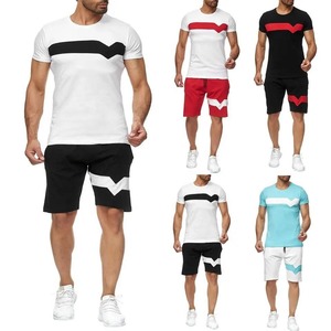 Venta al por mayor nueva moda verano manga corta tejido color sólido algodón hombres camiseta y pantalones cortos conjuntos de talla grande logotipo personalizado para la venta - Product Image 1