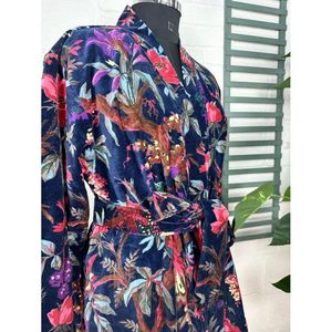 Luxury Unisex Robe Floral Blue Malibu Bluish Velvet <b>Kimono</b> <b>Jacket</b> Reversible <b>Silk</b> Lined Soft Autumn Winter Gift - Product Image 6