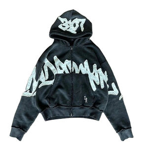 Wholesale Heavyweight Custom Logo Distress Embroidery Acid Wash High Quality Thick Heavy French Terry Oversize <b>Zipper</b> Hoodie Men - Product Image 4