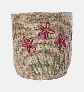 Delightful Round Seagrass Storage <b>Basket</b> With Embroidered Flowers Rustic Natural <b>Woven</b> <b>Basket</b> For Home Office Hotel Decor - Product Image 4