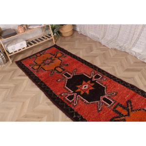 พรมตุรกีโบราณ ขนาด 3x9.5 ฟุต พรมเฮอร์กี สีแดงดำ พรมโมร็อกโก - Product Image 4