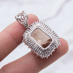 Pendentif rectangulaire fait main pour femme en argent sterling massif 925 plaqué or avec quartz fumé naturel, certifié IGI, de la marque Memoria Jewels Wholesale - Product Image 4