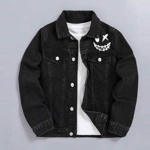 Veste en jean à rabat imprimé Expression pour garçons Fermeture à boutons Col encolure Vêtements décontractés Vestes en jean noir - Product Image 1