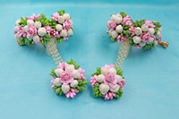 Parure de bijoux floraux islamiques faits à la main pour mariage Mehndi, rose, blanc, vert, avec coquillages de cauris, collier et bague de mariée Haldi