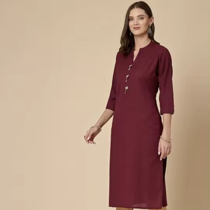 <b>Top</b> Selling V-neck Long Sleeve Pure Cotton Elegant <b>Classy</b> Maroon Colour Straight Shape Regular Fit Summer Kurta - Product Image 1