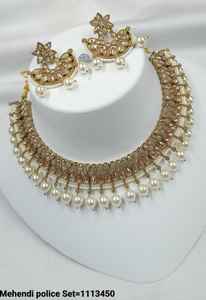 LATEST ANTIQUE MOTIPEARL & DROP <b>FASHIONABLE</b> GOLD PLATED FANCY COPPER NECKLACE WITH MANGTIKKA EARRING SET & <b>JEWELLERY</b> SET WOMEN - Product Image 3