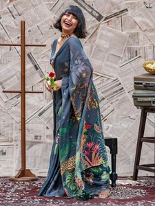 Sari Indio Premium Elegante de Algodón y Lino con Hermoso Estampado Digital, Largo hasta el Suelo, Informal, para Bodas y Fiestas, para Mujer, para Todas las Temporadas - Product Image 3