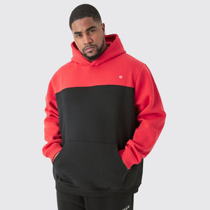 Men's Casual Style Color Block <b>Hoodie</b> in <b>Red</b> and Black Cozy Fabric with Front Pocket Everyday Comfort Washed Technics - Product Image 1
