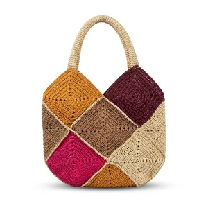 Sac fourre-tout géométrique en raphia pour femme, léger, ouvert, style bohème, sac de plage décontracté à deux poignées, avec pompon, pour l'été - Product Image 2